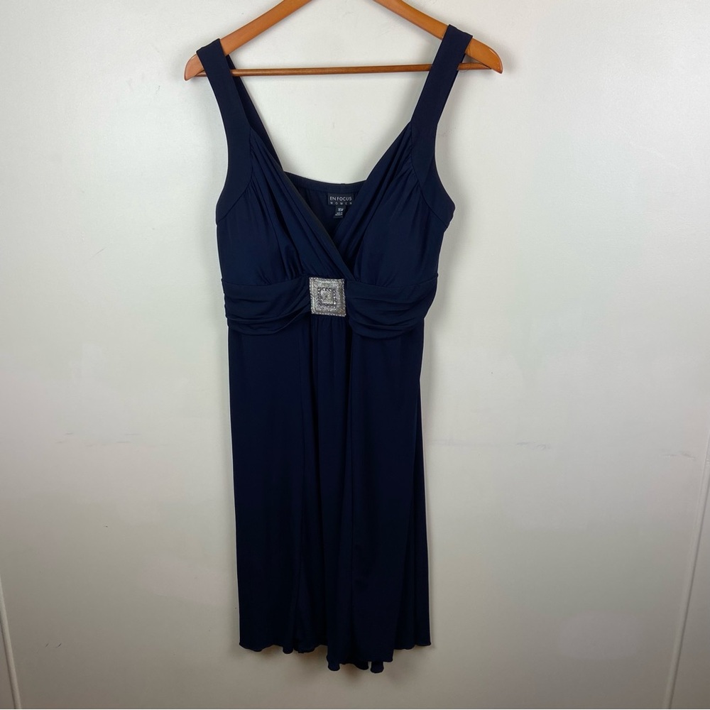 En Focus Women Navy Blue Stretch Cocktail Jeweled‎ Wrinkle Free Dress Size 18W